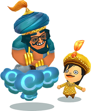 Miitopia (3DS) promotional art for the Genie of the Lamp (left) and Prince from a Nearby Land (right).